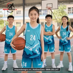 Mẫu áo bóng rổ SPORTS xanh dương cho trẻ tiểu học, trung học cơ sở.