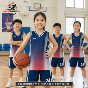 Mẫu áo bóng rổ màu tím than cho trẻ tiểu học, trung học cơ sở.
