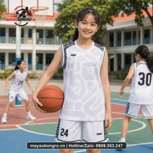 Mẫu áo bóng rổ Trắng Thanh Lịch cho trẻ tiểu học, trung học cơ sở.