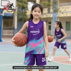 Mẫu áo bóng rổ Tím Phối Xanh cho trẻ tiểu học, trung học cơ sở.