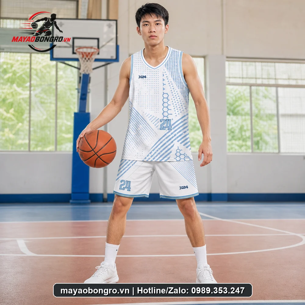 Mẫu bóng rổ Trắng Xanh Phong cho học sinh trung học phổ thông, người lớn.