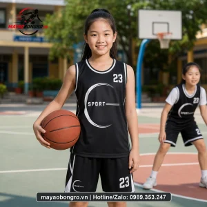 Mẫu áo bóng rổ Logo SPORT Đen cho trẻ tiểu học, trung học cơ sở.