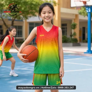 Mẫu áo bóng rổ chuyển sắc đỏ cho trẻ tiểu học, trung học cơ sở.